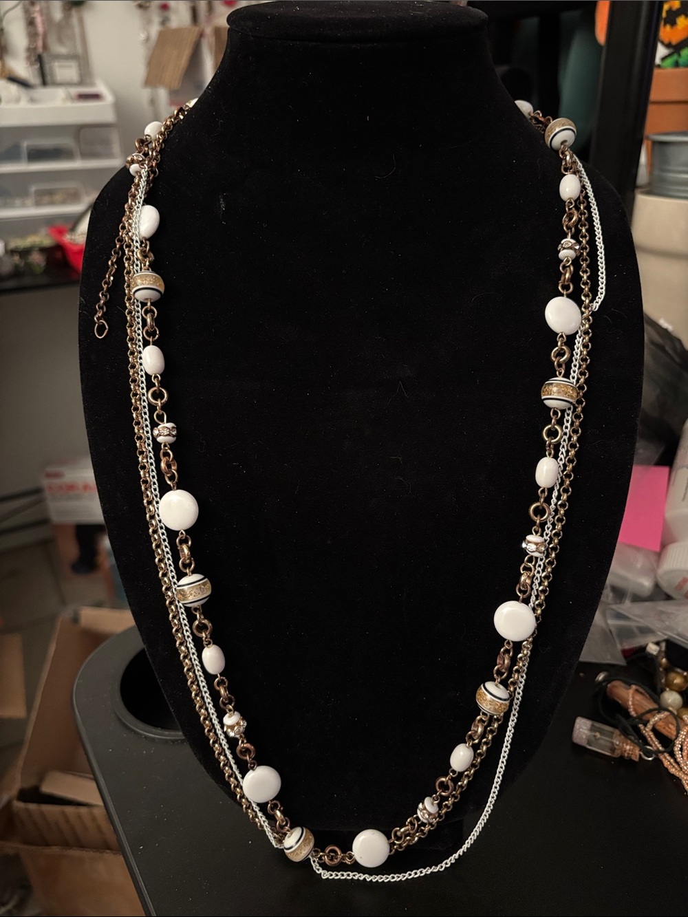 Multi-Strand White Bead Gold-Tone Necklace - Women Jewelry